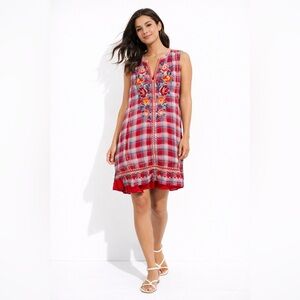 Johny Was Red Plaid Embroidered Sleeveless Dress Boho Folk Tunic Vacation Resort